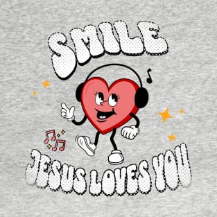 Smile Jesus Loves You - Groovy Heart design: White text color with a cheerful heart smiley face T-Shirt